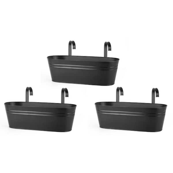 3 Pcs Metal Iron Hanging Flower Pots 15.7 Inch Hanging Bucket Pots with Detachable Hooks,Black