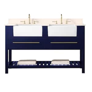 Williamson 60 in. W x 22 in. D x 35.7 in. H Bath Vanity in Navy Blue with White Quartz Vanity Top with White Basin