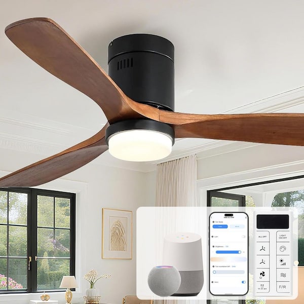 52 in. Indoor/Outdoor Smart Solid Wood Standard Black Ceiling Fan with Light and Remote/APP Control, Flush Mount