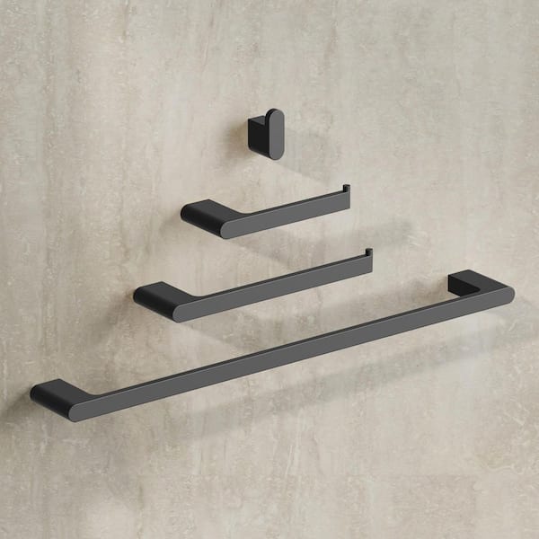 4-Piece Stainless Steel Bath Hardware Set with Towel Bars, Toilet Paper Holder, and Towel Hook in Matte Black