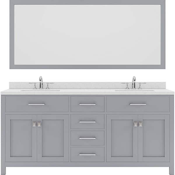 Virtu USA Caroline 72 in. W Bath Vanity in Gray with Quartz Vanity Top in White with White Basin and Mirror