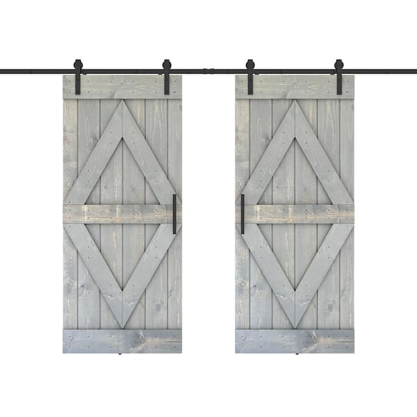 Dessliy Diamond Series 60 in. x 84 in. Fully Set Up Weather Grey Finished Pine Wood Sliding Barn Door with Hardware Kit