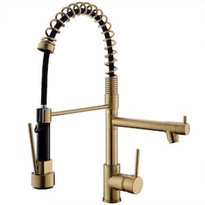 Single Handle Touchless Deck Mount Gooseneck Pull Down Sprayer Kitchen Faucet with Small Faucet in Brushed Gold