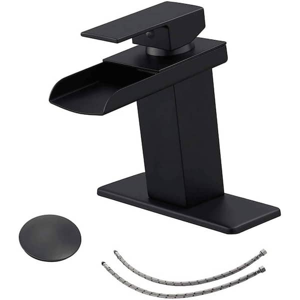 FLG Single-Handle Single-Hole Brass Waterfall Bathroom Sink Faucet with Pop Up Drain Kit and Deckplate in Matte Black