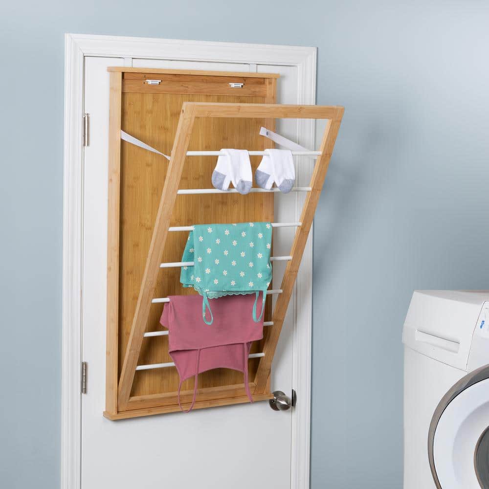 Wall-Mounted Clothes Drying Rack, Bamboo, Collapsible, 23 in W x 42 in H