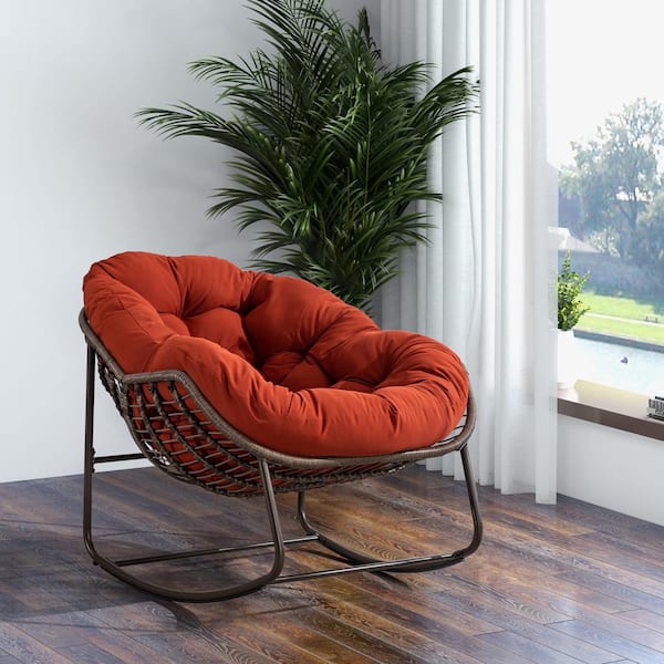 Zeus & Ruta Brown Wicker Outdoor Rocking Chair, with Orange Padded Cushion Recliner Chair for Porch, Living Room, Patio, Garden