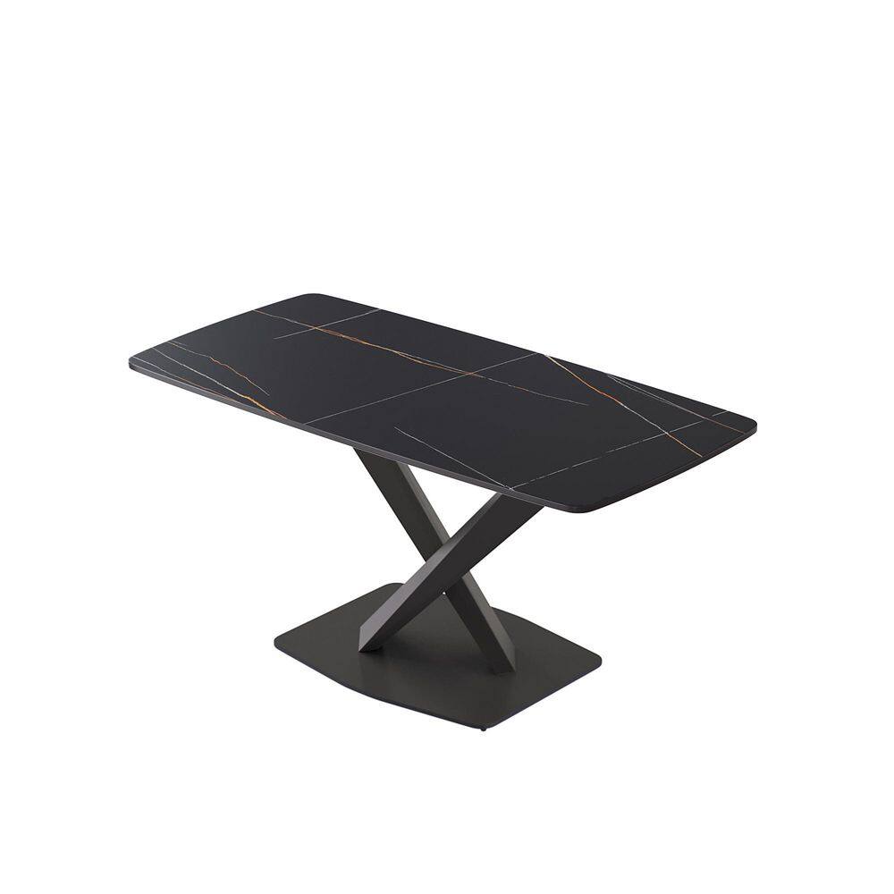 62.99 in. Black Rectangle Sintered Stone Tabletop Dining Table with Pedestal Black Carbon Steel Base (Seats 6)
