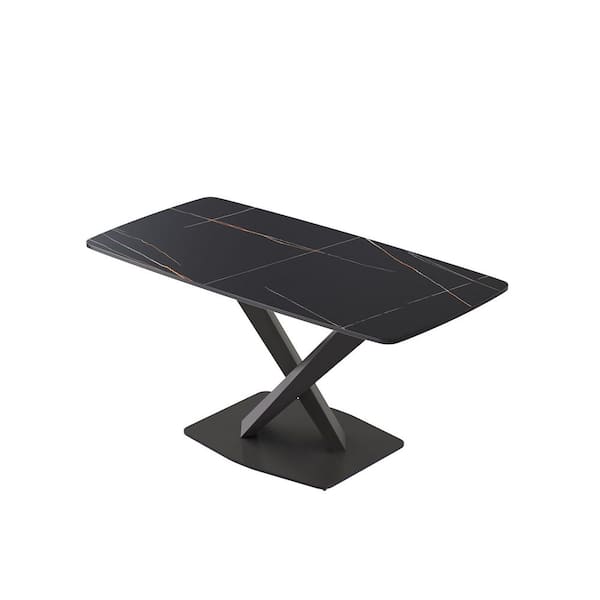 62.99 in. Black Rectangle Sintered Stone Tabletop Dining Table with Pedestal Black Carbon Steel Base (Seats 6)