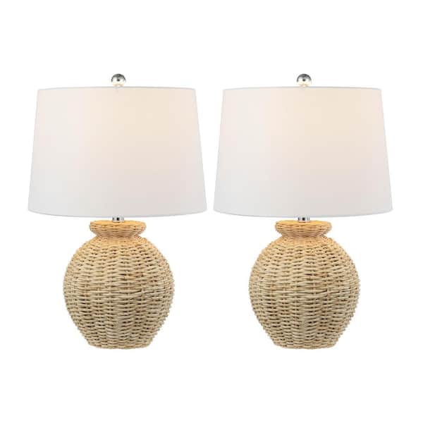 JONATHAN Y Nora 22.5 in. Rustic Coastal Rattan Globe LED Table Lamp Set with Rattan Base and Linen Shade, Brown (Set of 2)