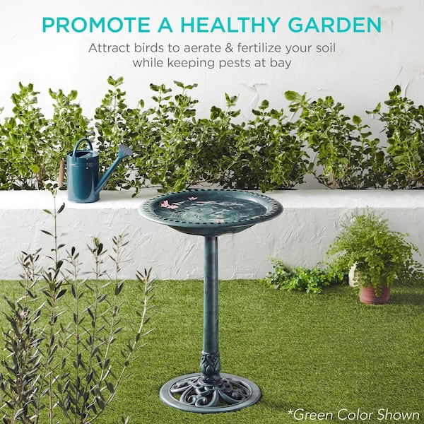 28 in. Tall Outdoor Turquoise Resin Antique Pedestal Birdbath, Vintage Outdoor Accent Decoration with Iris-Black