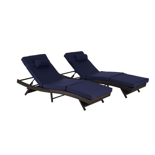 Tenleaf Dark Brown PE Wicker Outdoor Lounge Chair with Blue Cushions, Elegant Reclining Adjustable Backrest (2-Pack)