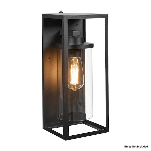 LED Outdoor Wall Sconce Black Rectangular Fixture w/Clear Glass Cylinder Dusk to Dawn Sensor, Bulb Not Included