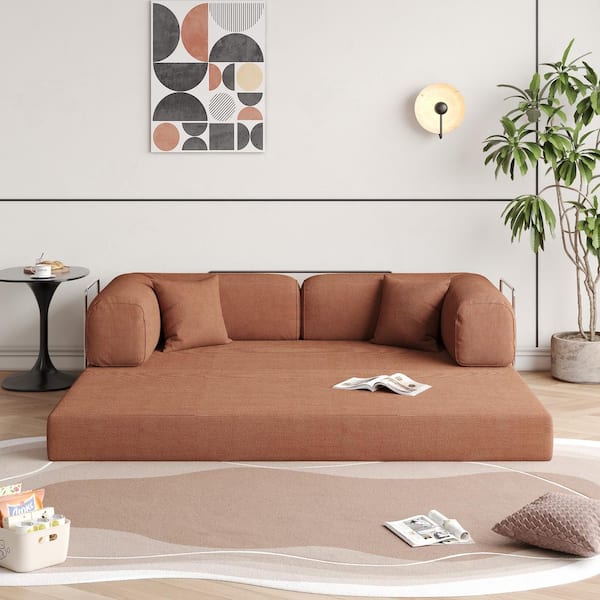 JASIWAY Modern 78.7 in. W Round Arm Corduroy Fabric Convertible Sleeper Rectangle Sofa in Brown