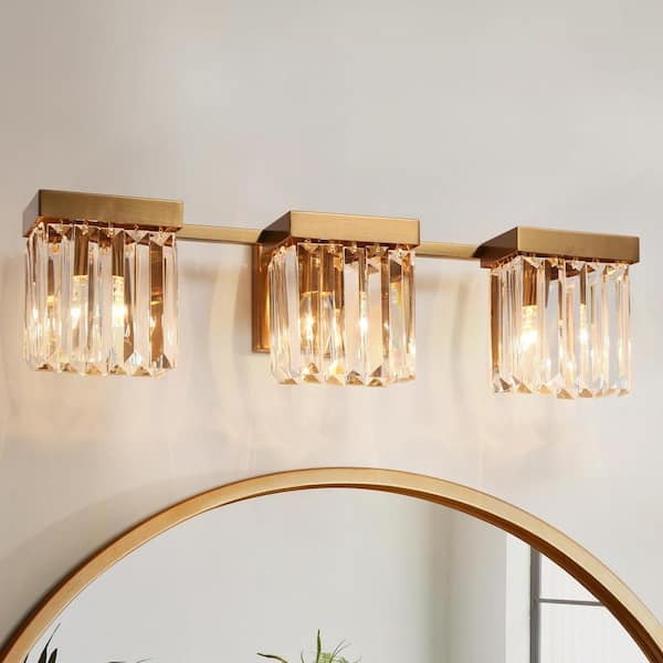 LNC Vintage Crystal Vanity Light for Bathroom Modern 22.2 in. 3-Light Plating Brass Square Wall Sconce for Powder Room