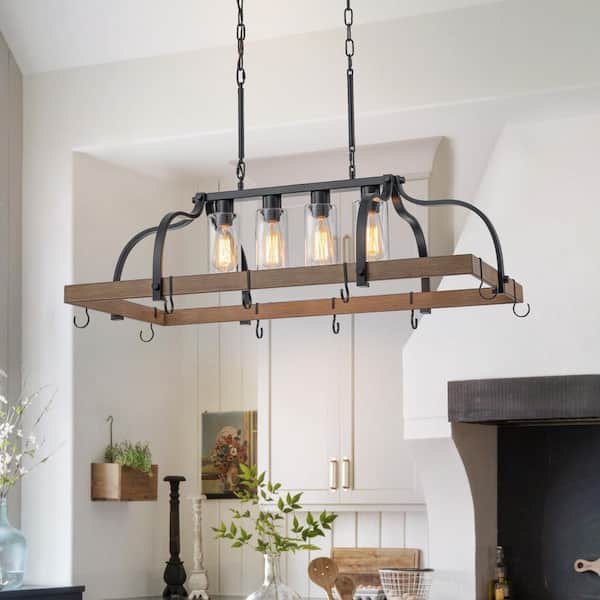 Noah 4-Light Wood Finish Pot Rack Chandelier Farmhouse Kitchen Island Dining Room Light Fixture
