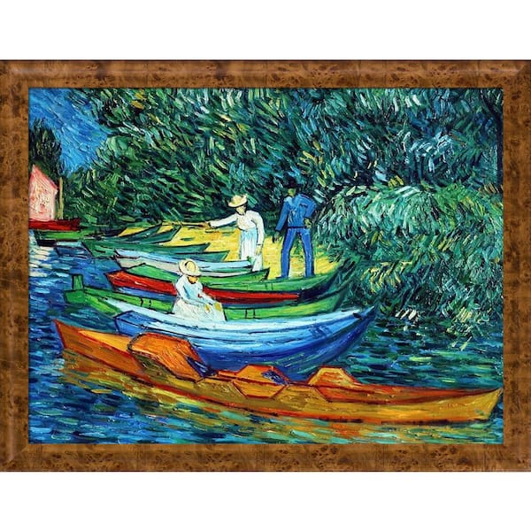 LA PASTICHE Rowing Boats on Banks of Oise by Vincent Van Gogh Havana Burl Framed Nature Oil Painting Art Print 41.75 in. x 53.75 in.