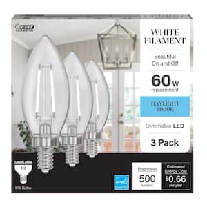 60-Watt Equivalent B10 E12 Candelabra Dim White Filament Clear Glass Chandelier LED Light Bulb Daylight 5000K (3-Pack)
