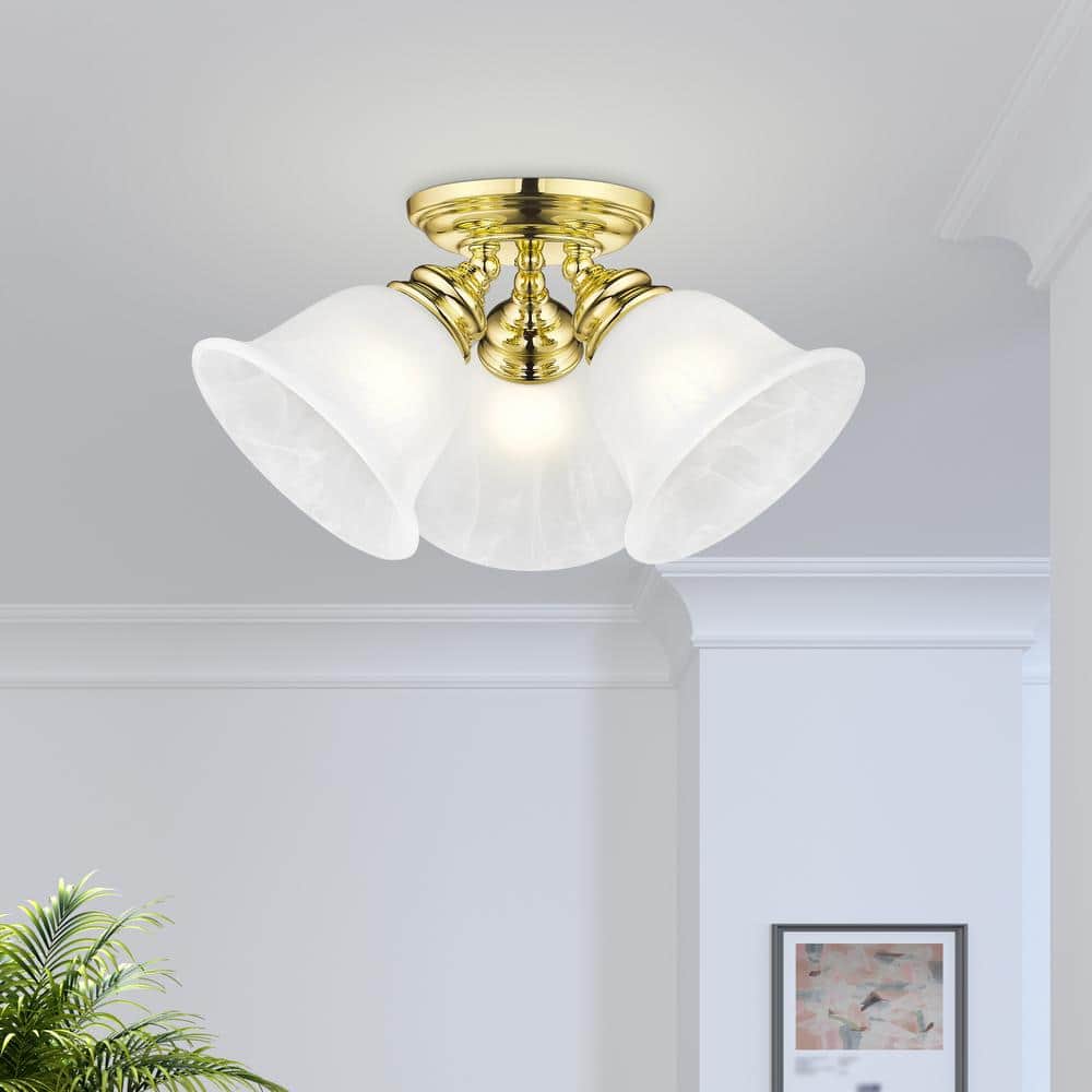 Elegant Polished Brass 3-Light Flush Mount with White Alabaster Glass
