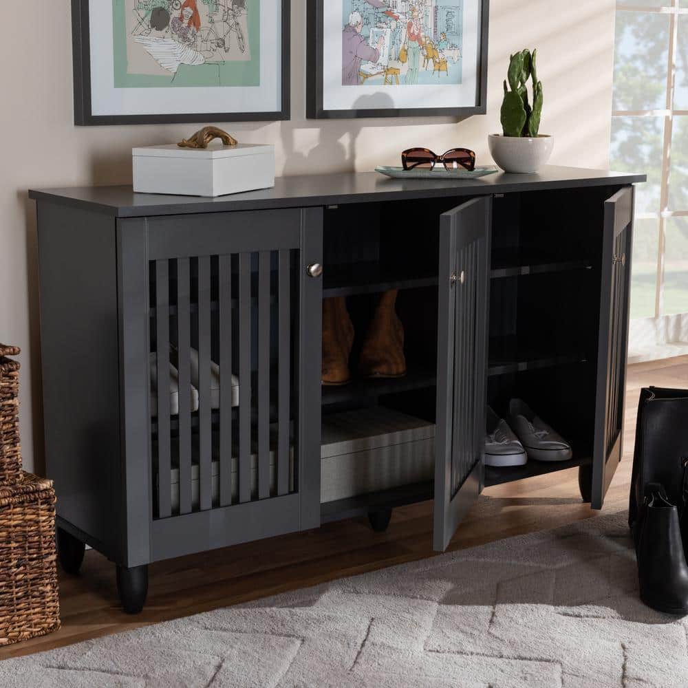 Dark Gray Wooden 3-Door Entryway Shoe Storage Cabinet