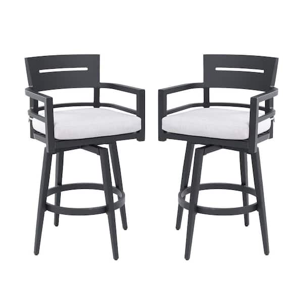 Black 360° Swivel Aluminum Outdoor Bar Stool with Cast Silver Cushion, Ergonomic Backrest and Armrests (2-Pack)