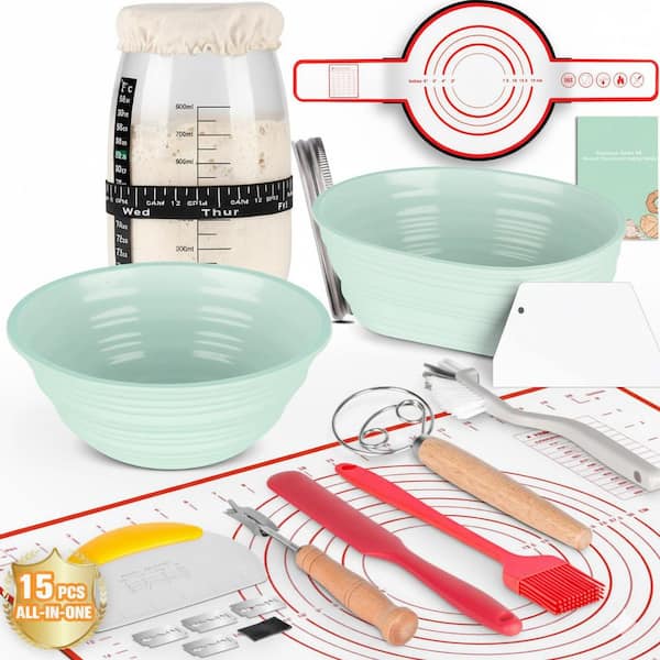 Sourdough Starter Kit 15-Piece Set with 35 oz. Glass Jar, 2 Silicone Baskets, Baking Mats, Dough Scraper and Accessories