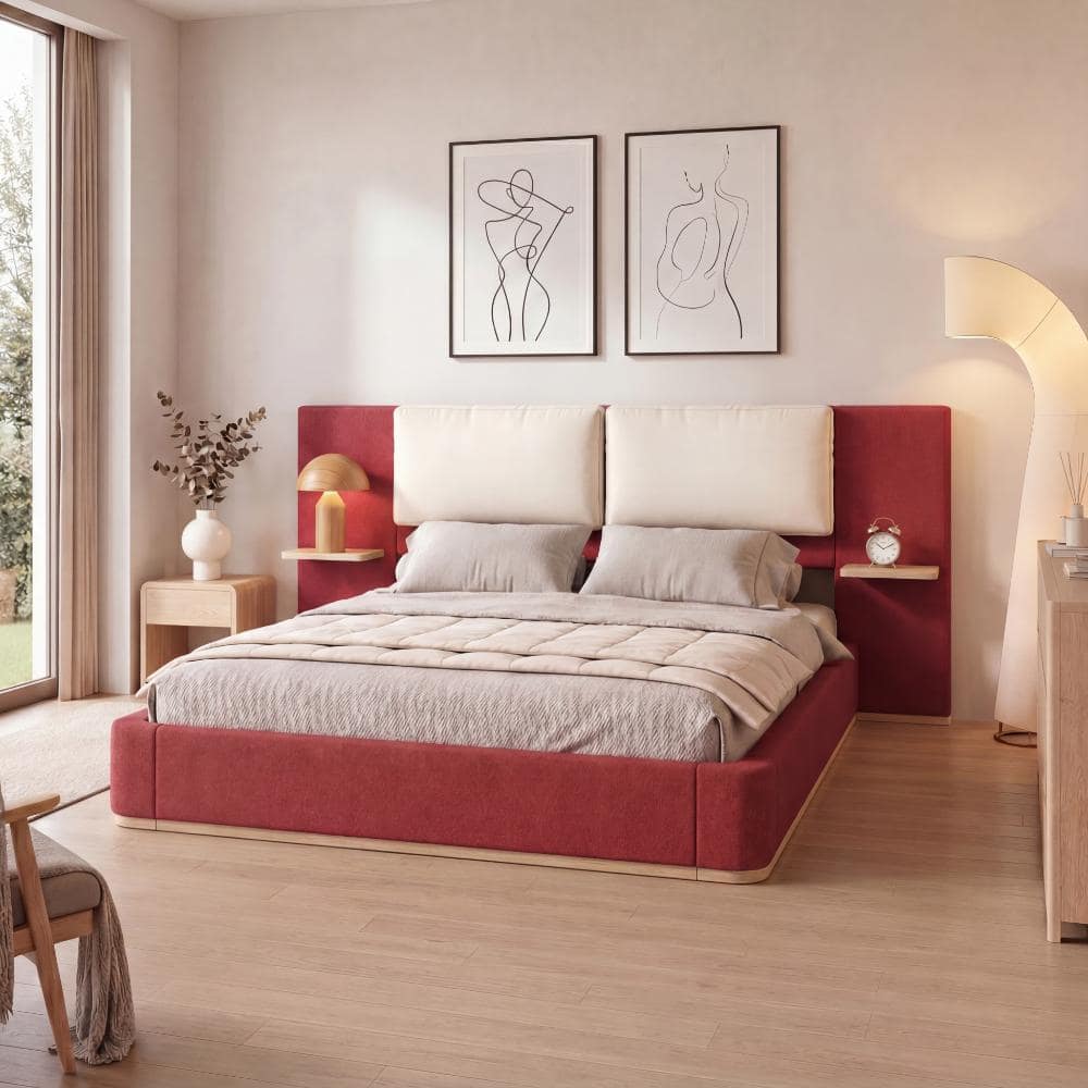 Red Upholstered Frame Queen Size Platform Bed with Panel, Soft Rounded Corners