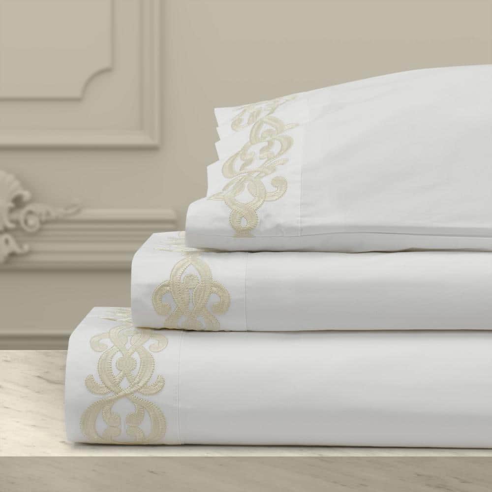 Ivory Floral Embroidered Cotton California King Sheet Set