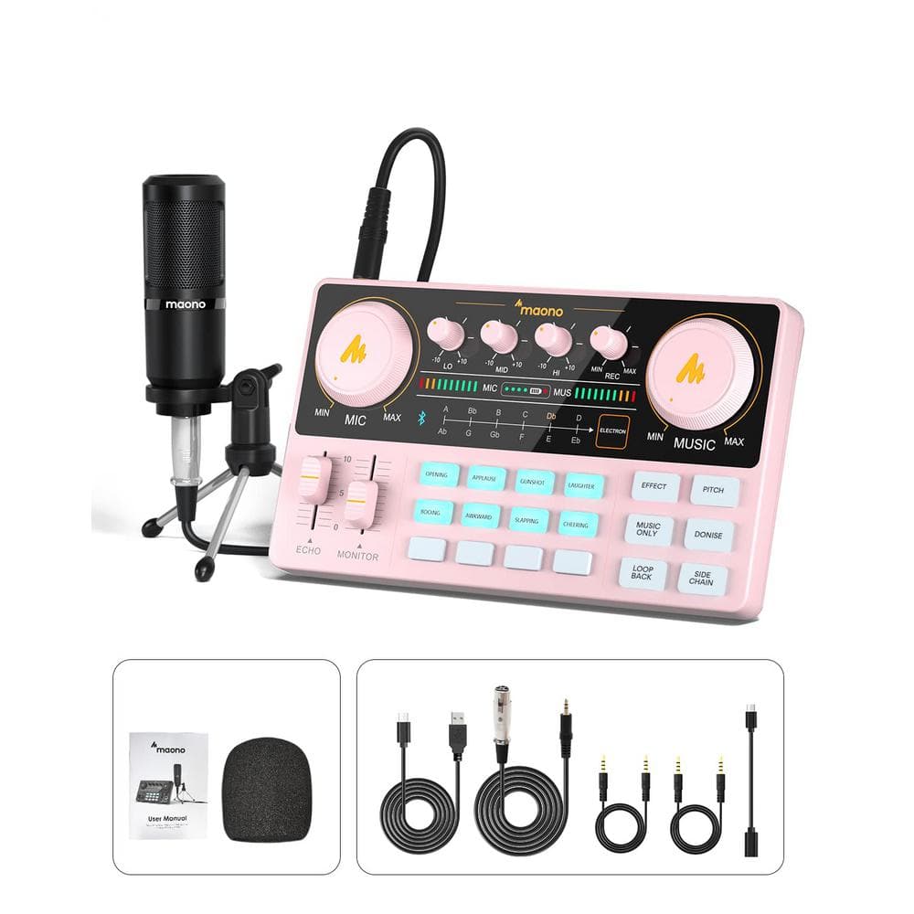 All in One Production Podcast Audio Mixer in Pink with Special Effects and 