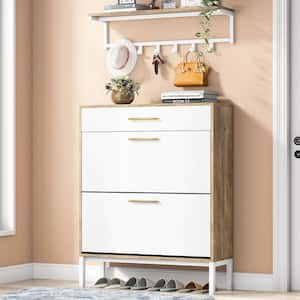 Sabina 39.4 in. H x 9.4 in. W X 31.5 in. D Brown Shoe Storage Cabinet with 2 Flip Drawers and Wall Shelf