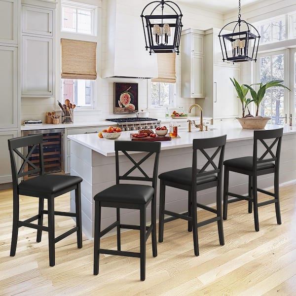 OrangeOne 26 in. Black Upholstered Barstool X-Shaped Backrest Solid Wood Counter Height Bar Stool (Set of 4)