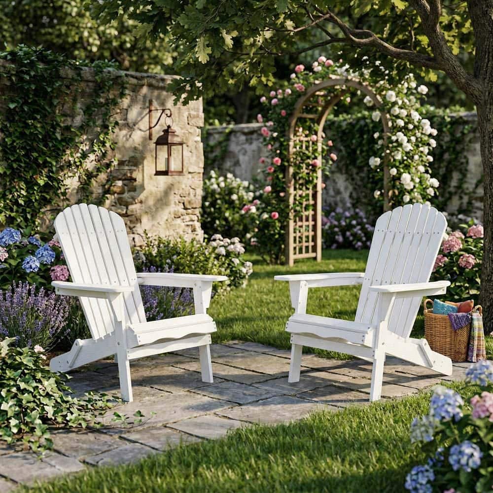 White Folding Wood Adirondack Chair 2-Pack, with Pre-Assembled