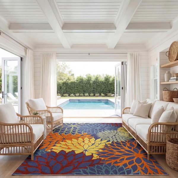Nourison Aloha Navy Multicolor 10 ft. x 14 ft. Floral Contemporary