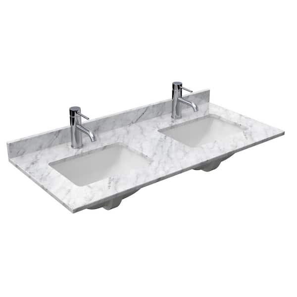 Wyndham Collection 48 in. W x 22 in. D Marble White Rectangular Double Sink Bathroom Vanity Top in White Carrara