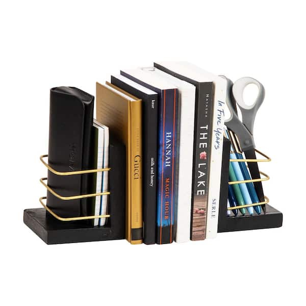 Black and Gold Decorative Basket Bookends Office Decor with Storage Wood and Metal Set of 2