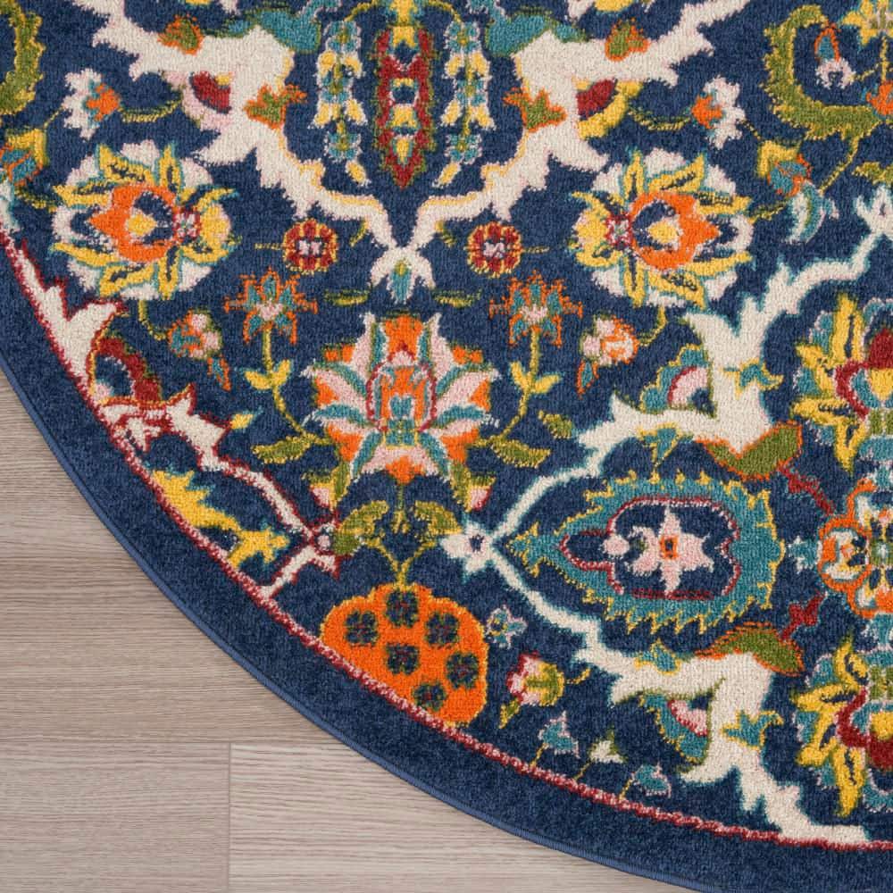 Navy Multicolor Round Floral Synthetic Area Rug, 7'10"