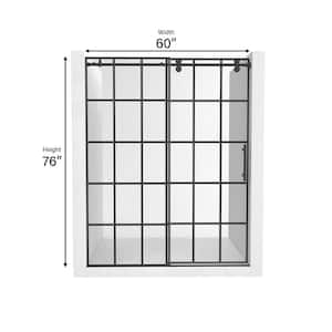 60 in. W x 76 in. H Sliding Frameless Shower Door in Matte Black with Tempering Grid Glass (Right Side Opening)