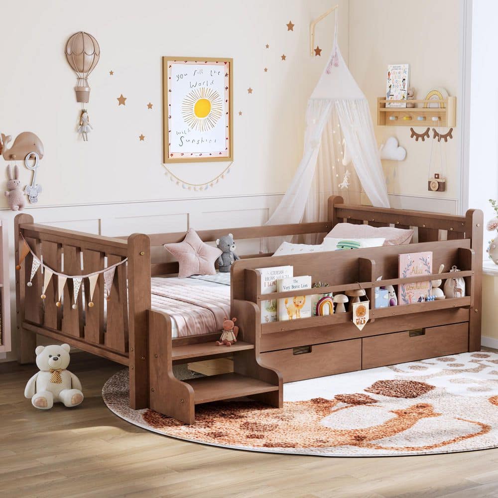 Natural Twin Size Kids Bed with Storage Bookcases and Drawers, Cute Stairs and Guardrails