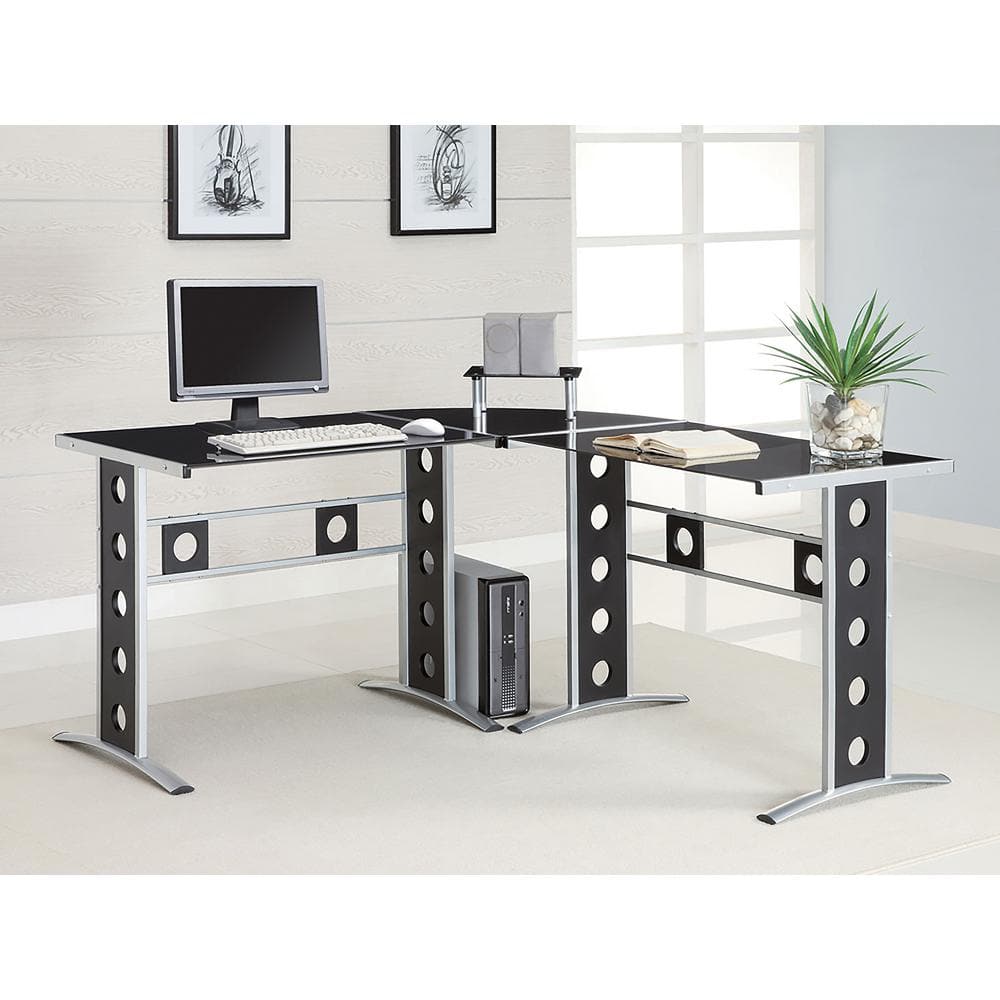 Contemporary Black Glass L-Shape Corner Desk with Silver Accents