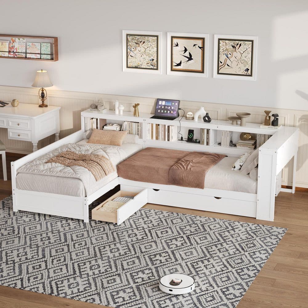 White Wood Frame Twin Size L-Shaped Platform Bed with Trundle and a Drawer price history on PriceWatchPro