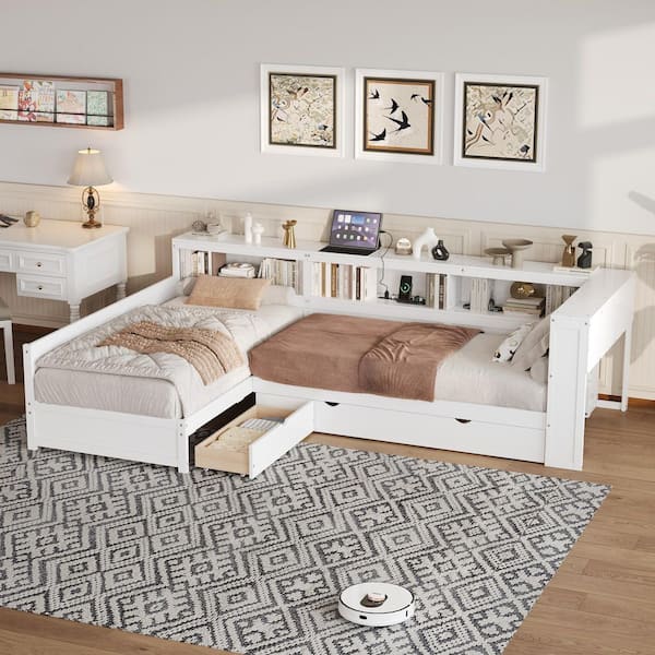 White Wood Frame Twin Size L-Shaped Platform Bed with Trundle and a Drawer