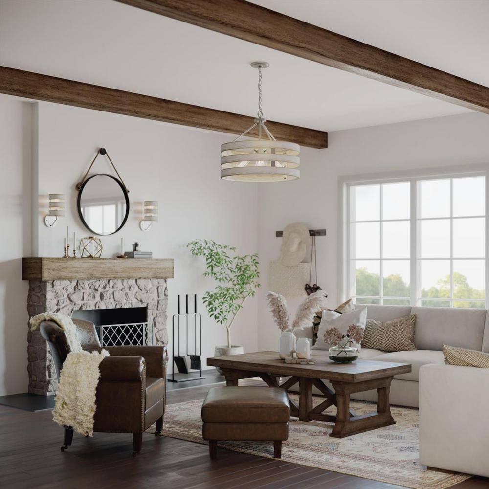 Gray and Whitewashed Faux Wood Drum Pendant Light