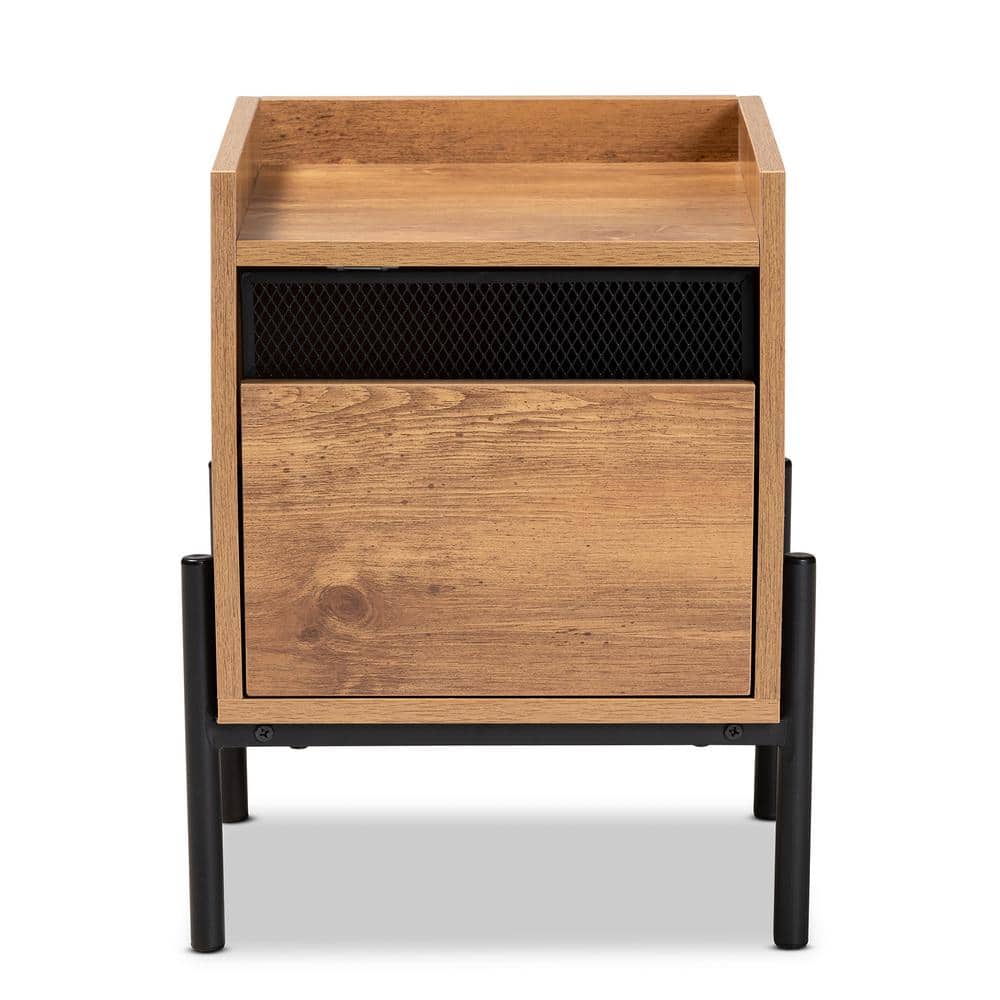 Tasman Natural Brown Wood and Black Metal End Table with Storage