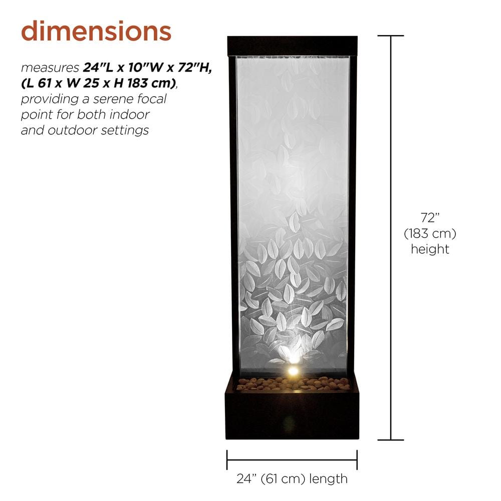 72" Clear Glass and Aluminum Waterfall Fountain with Embossed Leaves