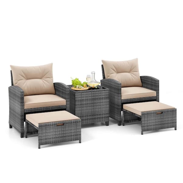 Costway 5-Piece Wicker Ottomans & Tempered Glass Coffee Table Patio Conversation Set with Beige Cushions