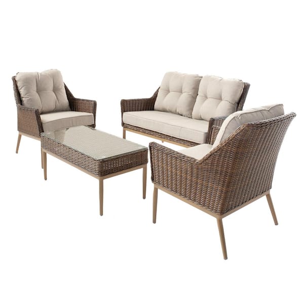 Brown Eva 4 pieces Wicker Aluminum Love Seat Set:Sunbelievable Dune Cushion Inclusive