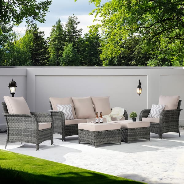 SANSTAR 5-Piece Wicker Patio Furniture Set, High Back Conversation Sectional Sofa Couch with Ottomans, Sand