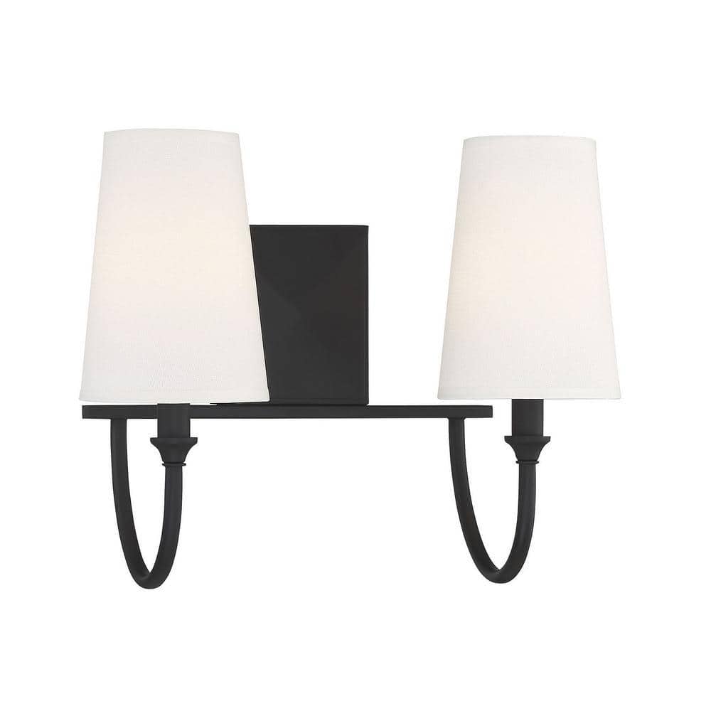 Cameron Matte Black 2-Light Vanity with Tall White Fabric Shades