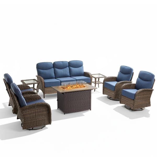 High Crescent 10-Piece Brown Wicker Patio Conversation Set with Blue Cushions and Wicker Fire Pit Table