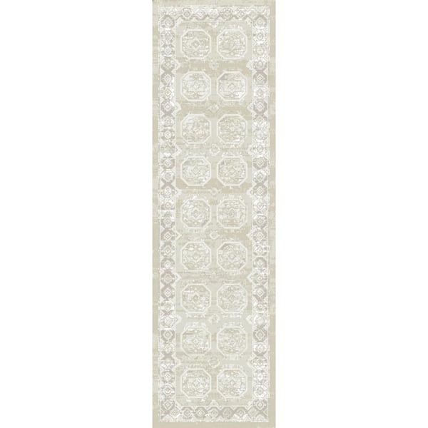 Dekor Ivory Beige 2 ft. x 8 ft. Geometric Traditional Runner Area Rug