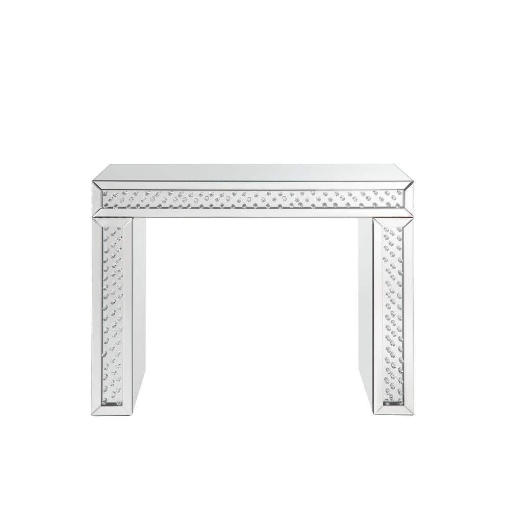 Silver Mirror Accented Wood and Glass Vanity Desk with Faux Crystal Inlay -  Benjara, BM185336